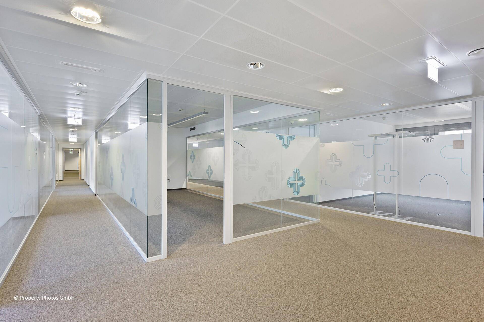 Langer Bürogang mit modernen Glaswänden, die separate Büros abtrennen und für viel Licht sorgen.