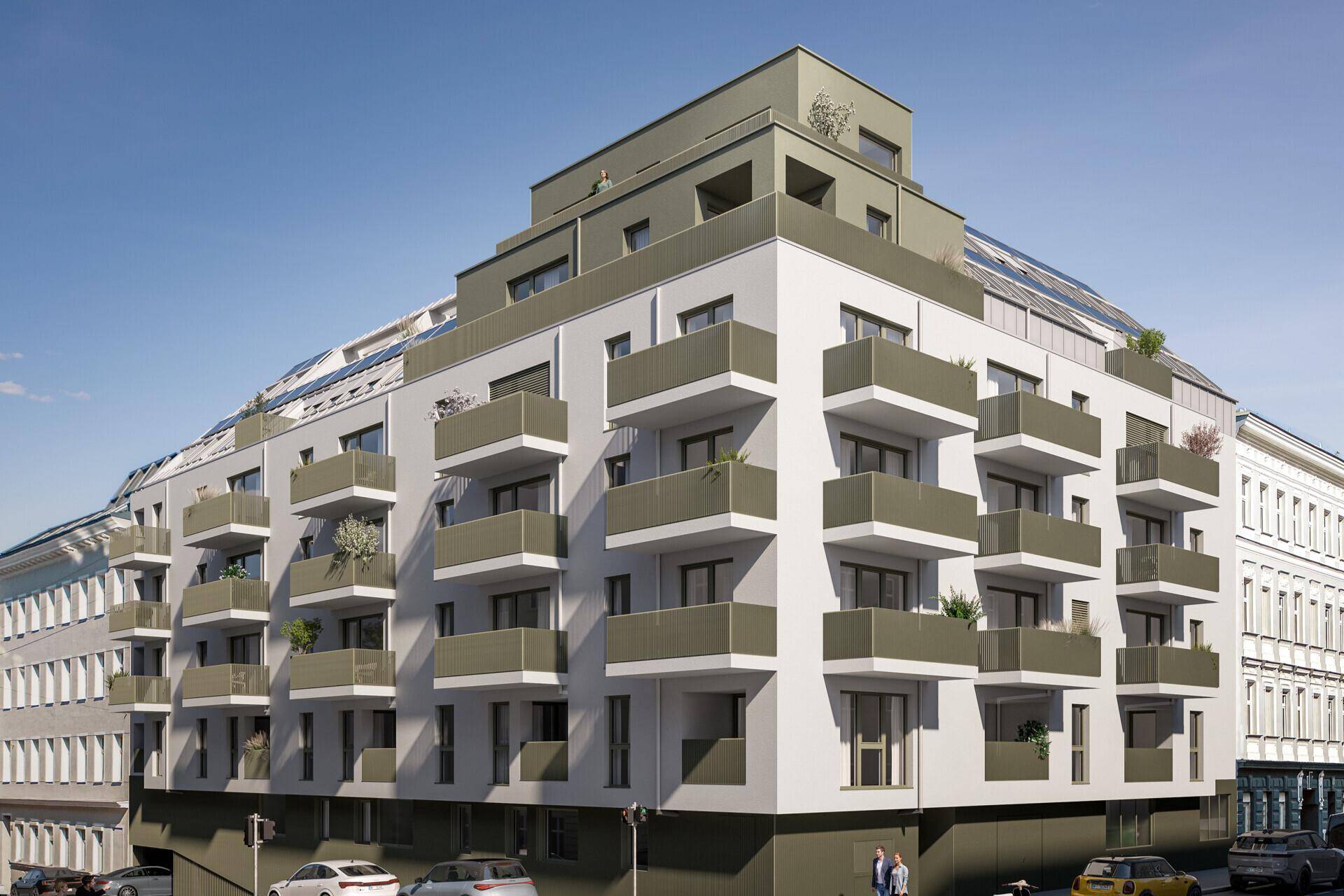 Moderne Wohnanlage mit gestufter Architektur und zahlreichen Balkonen in urbaner Umgebung.