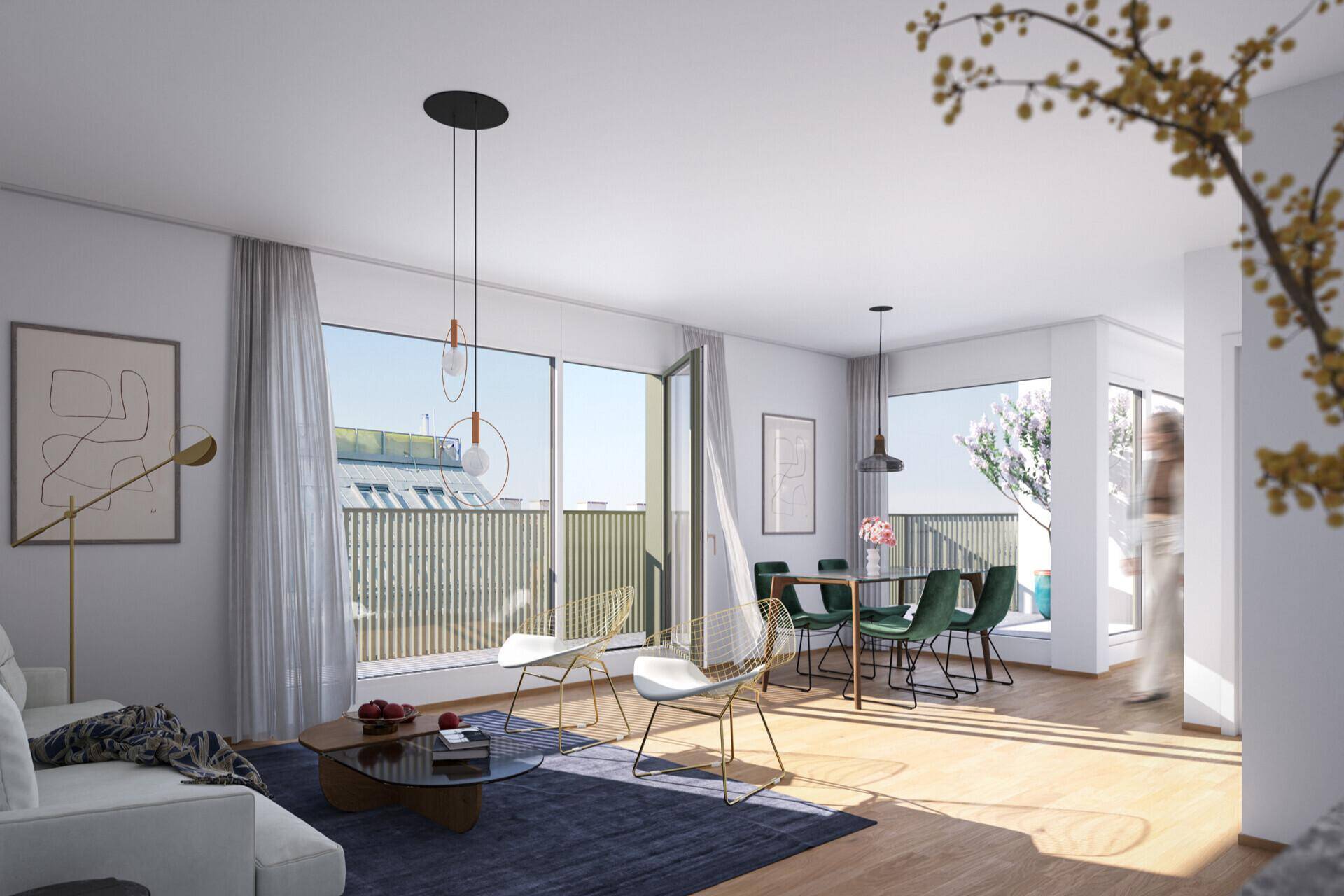 Lichtdurchfluteter Wohn- und Essbereich mit Holzboden und Zugang zu einem sonnigen Balkon.