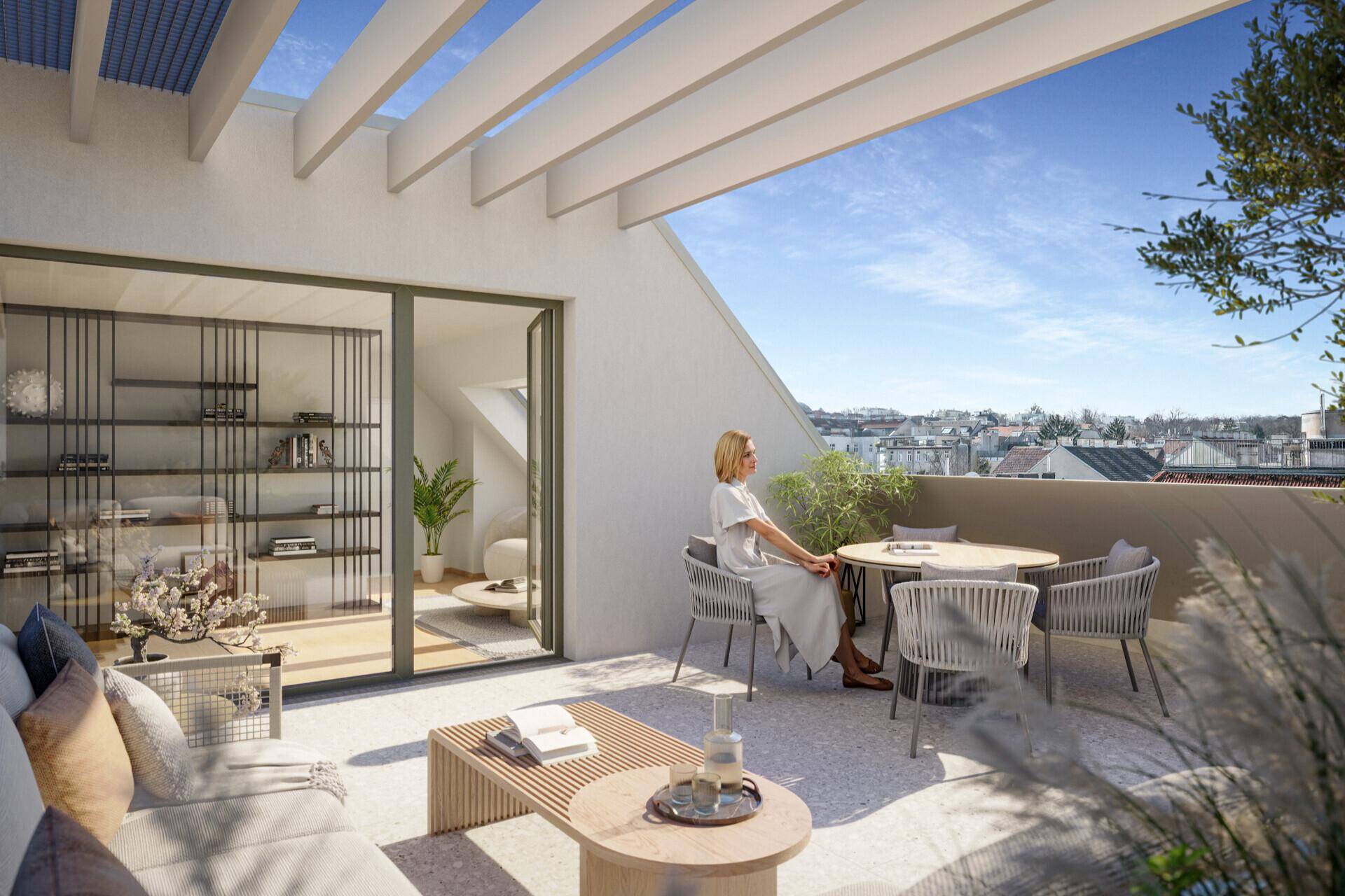 Geräumige Dachterrasse mit Pergola, modernen Gartenmöbeln und weitem Blick über die Stadt.