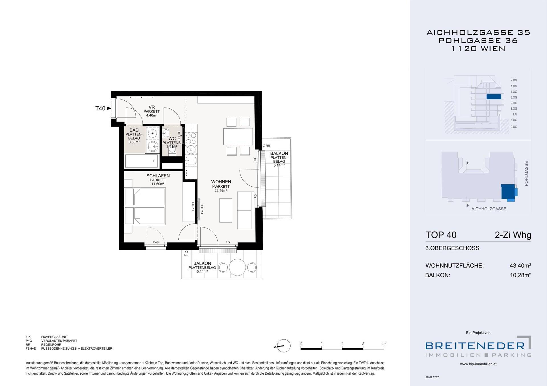 Grundriss einer 2-Zimmer-Wohnung im 3. Obergeschoss mit Balkon und separatem WC.