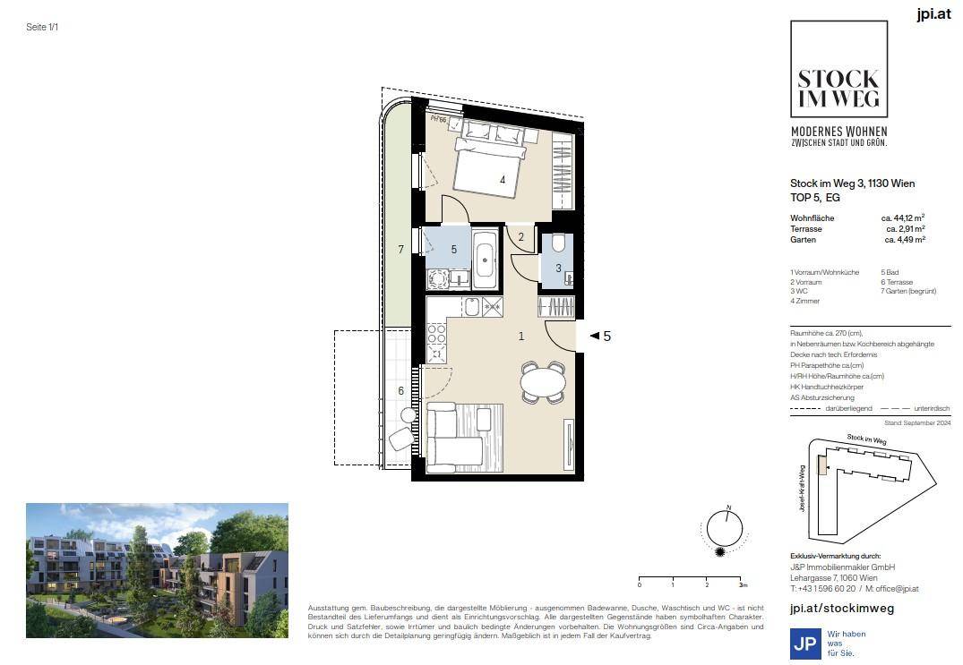 Detaillierter Grundriss einer Wohnung mit Schlafzimmer, Bad, Wohnbereich und Terrasse.