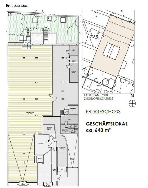 Grundriss des Erdgeschosses eines Geschäftslokals mit ca. 640 m² Fläche und angrenzendem Gartenbereich.