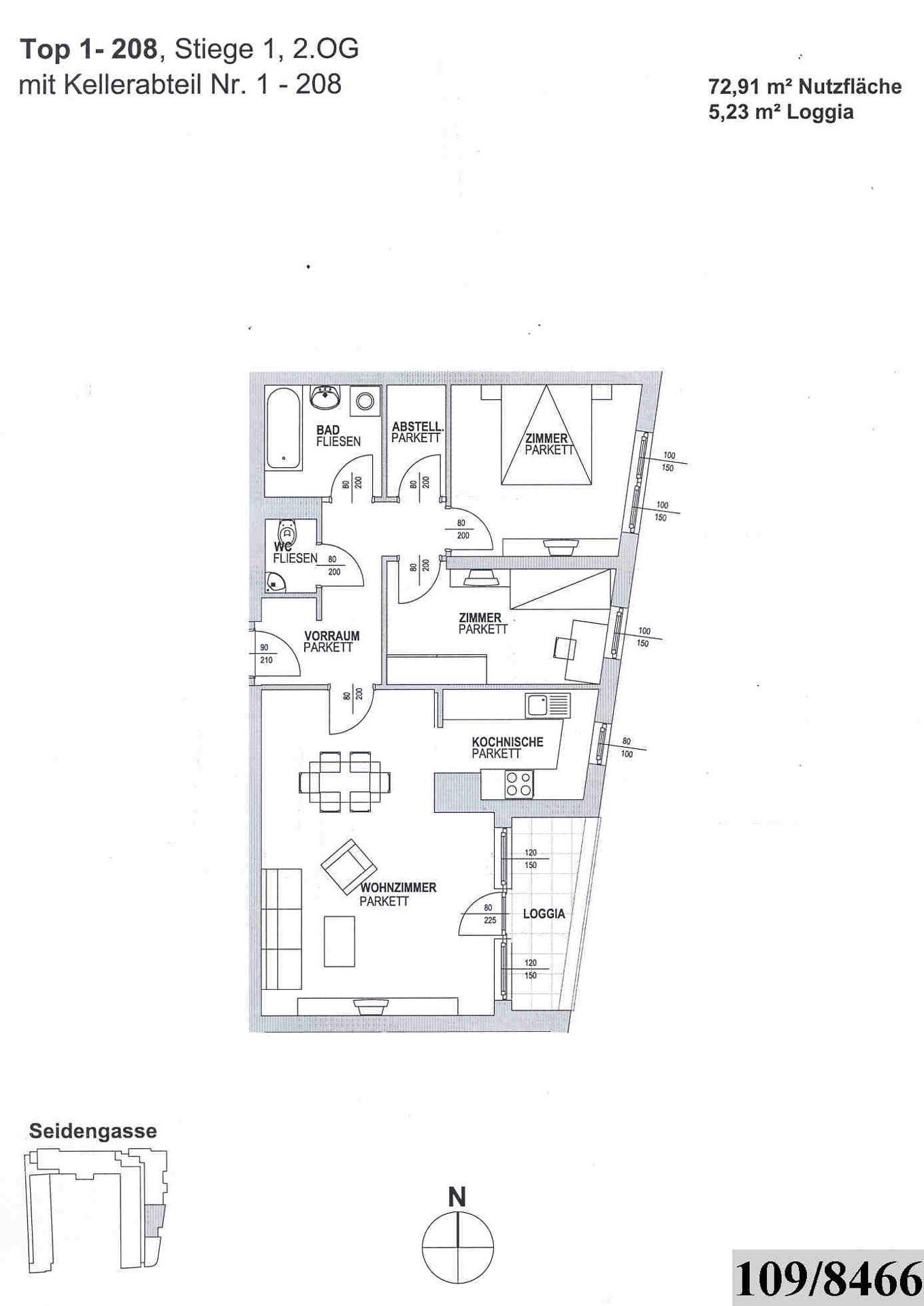 Grundriss der Wohnung mit 72,91 m² Nutzfläche und Loggia.