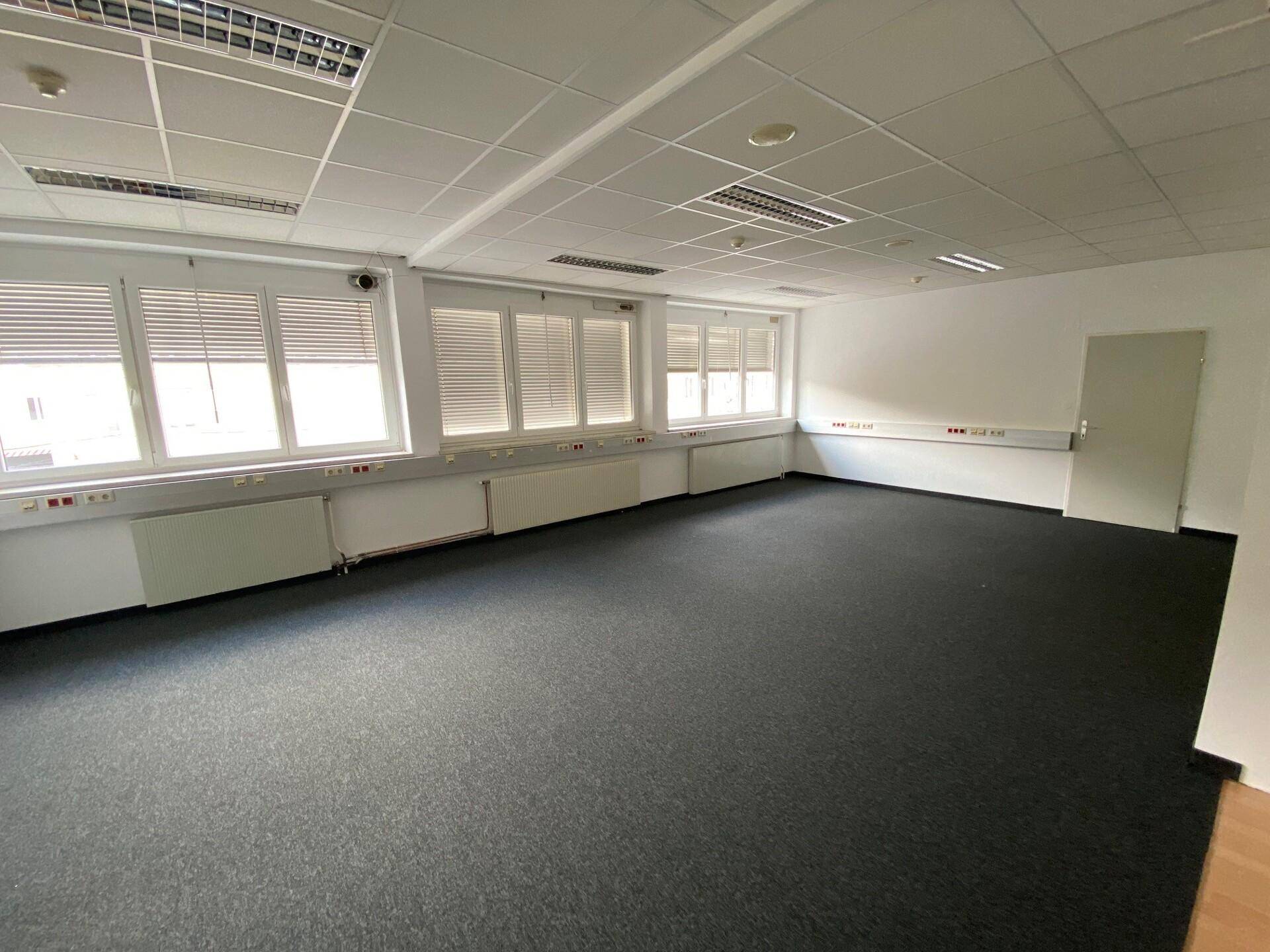 Leerer Büroraum mit dunklem Teppichboden, weißen Wänden und abgehängter Decke, gut beleuchtet.