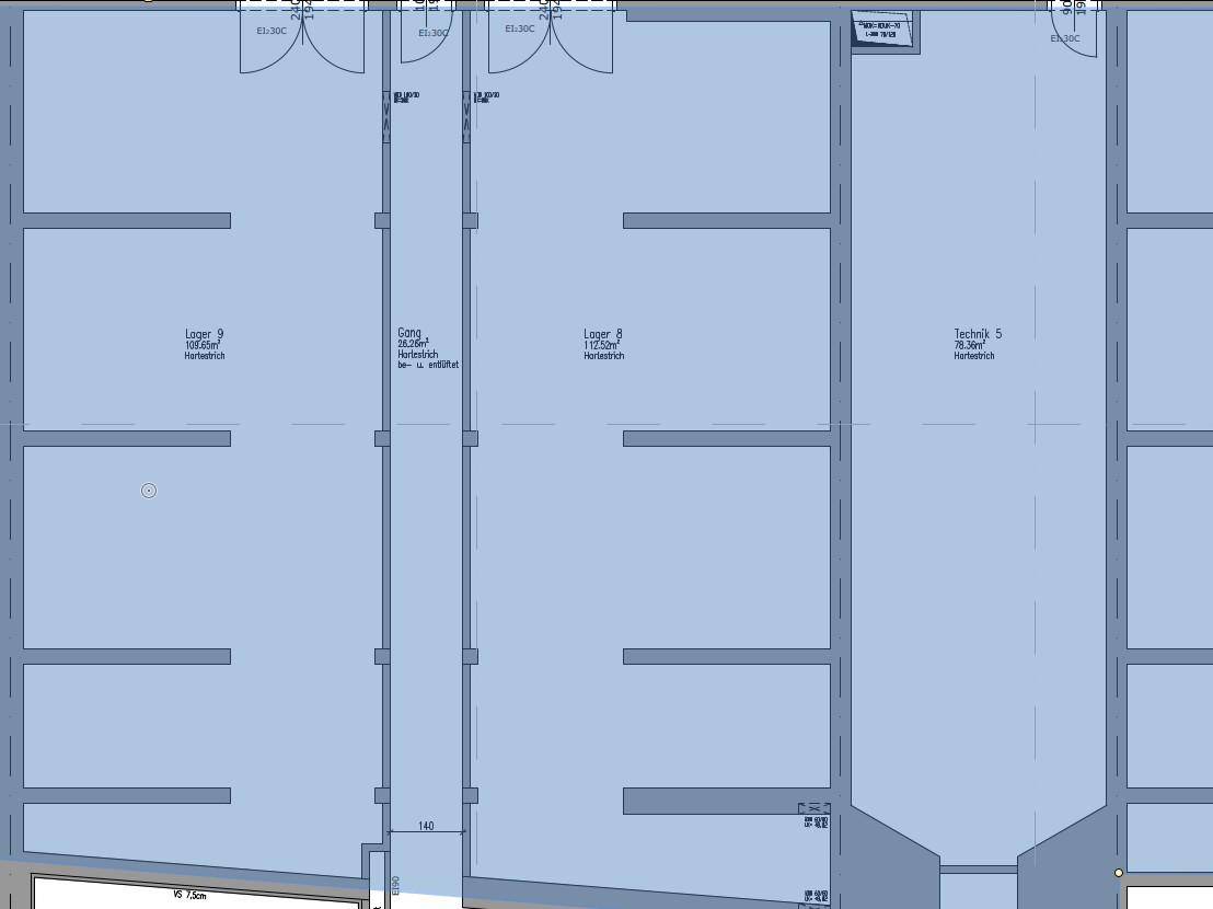 Grundrissplan zeigt mehrere Lagerräume und Technikbereiche mit Flächenangaben in Quadratmetern.