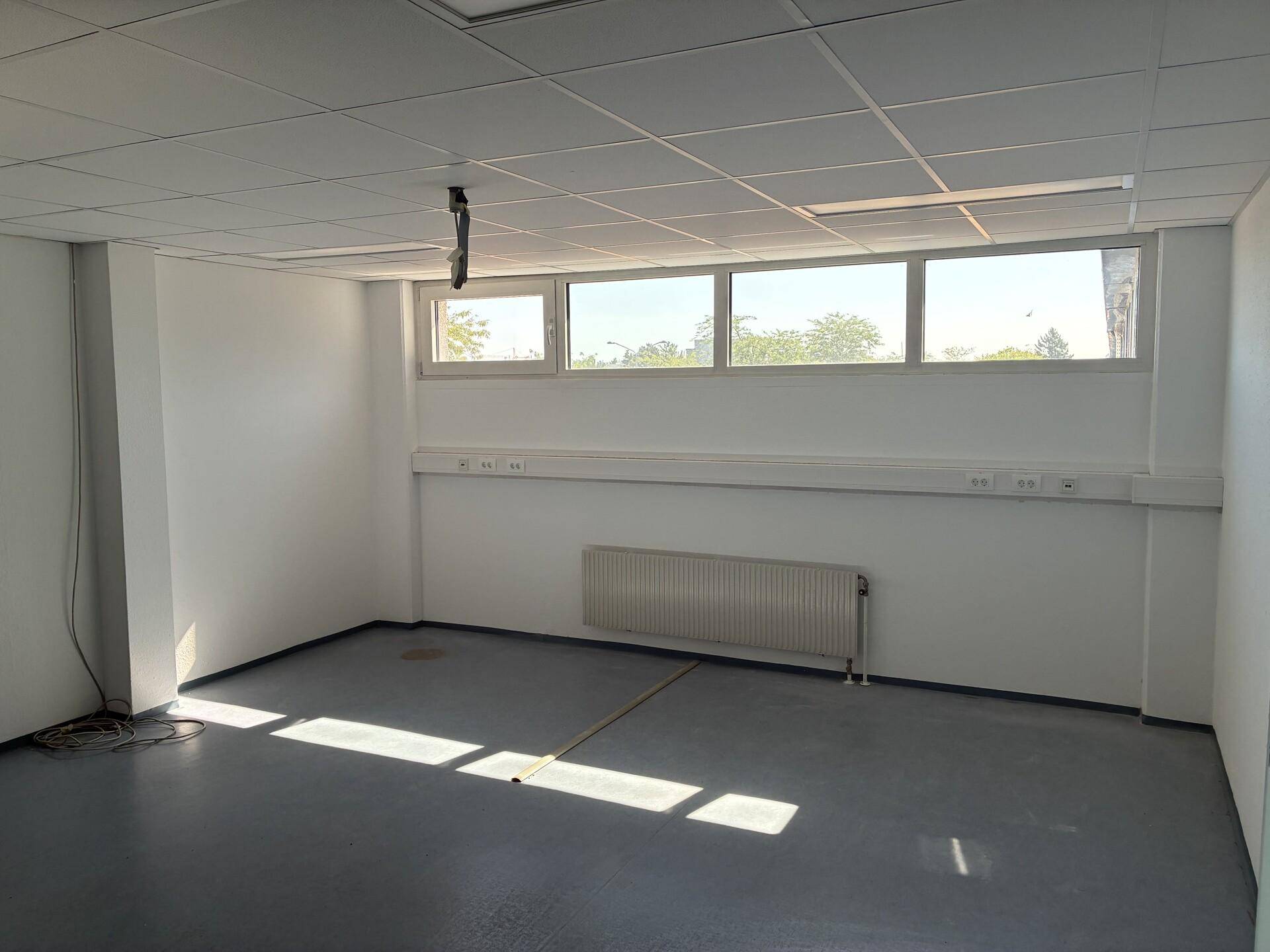 Leerer Büroraum mit viel Tageslicht, breiten Fenstern und einem Heizkörper an der Wand.