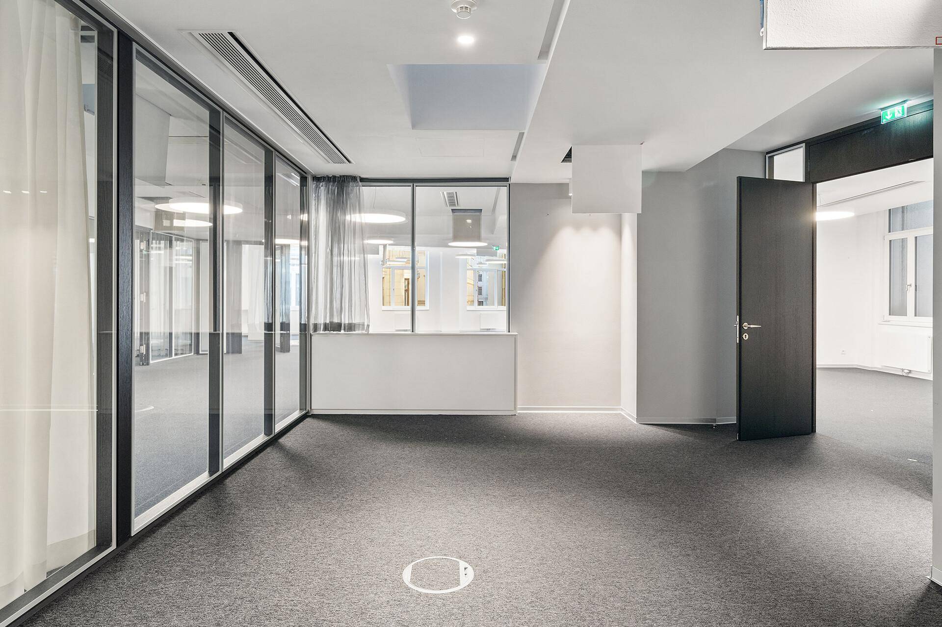 Geräumiger, leerer Bürobereich mit Teppichboden, Glaswänden und moderner Beleuchtung.