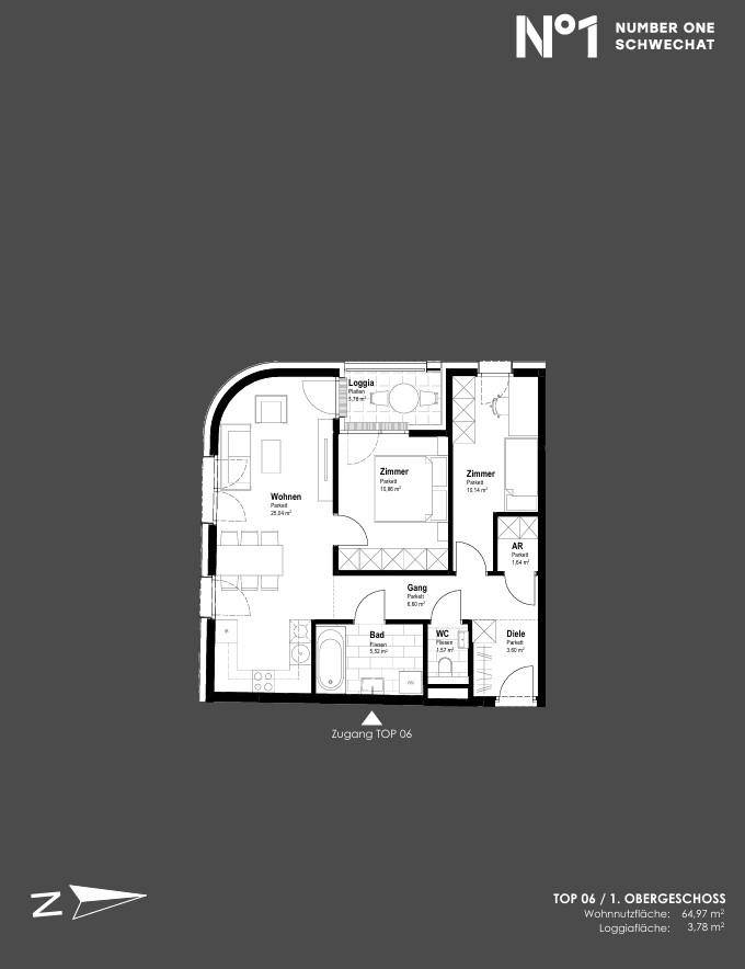 Grundriss einer Wohnung im ersten Obergeschoss mit Loggia, zwei Zimmern und separatem WC.