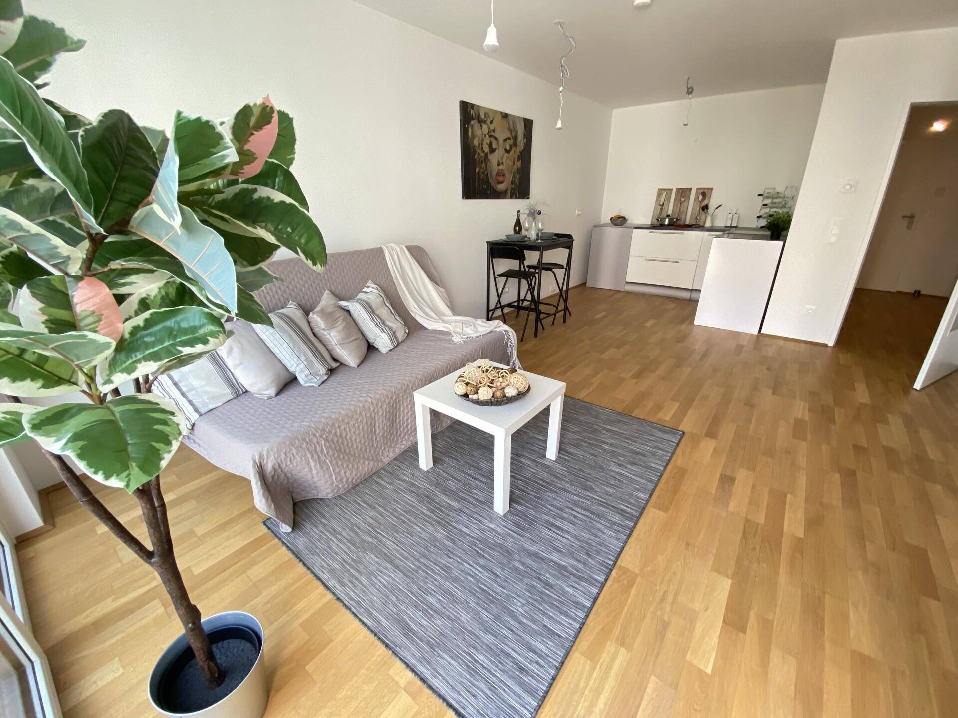 Heller Wohnbereich mit Holzboden, Sofa, Essplatz und integrierter Küchenzeile.