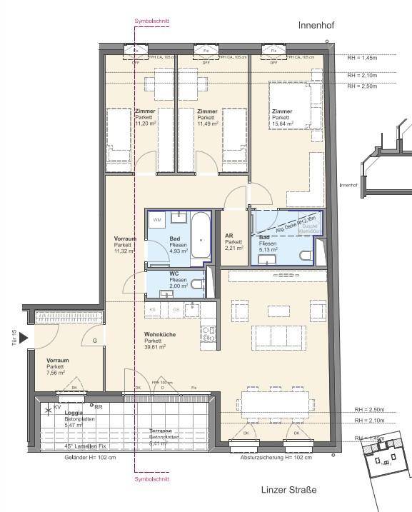 Detaillierter Grundriss einer Wohnung mit mehreren Zimmern, Loggia und Terrasse.