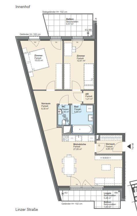 Detaillierter Grundriss einer Wohnung mit mehreren Zimmern, Wohnküche, Bad und Balkonen.