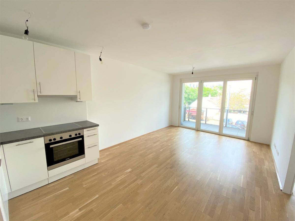 Heller Wohnbereich mit offener Küche, Parkettboden und großzügigem Zugang zum Balkon.