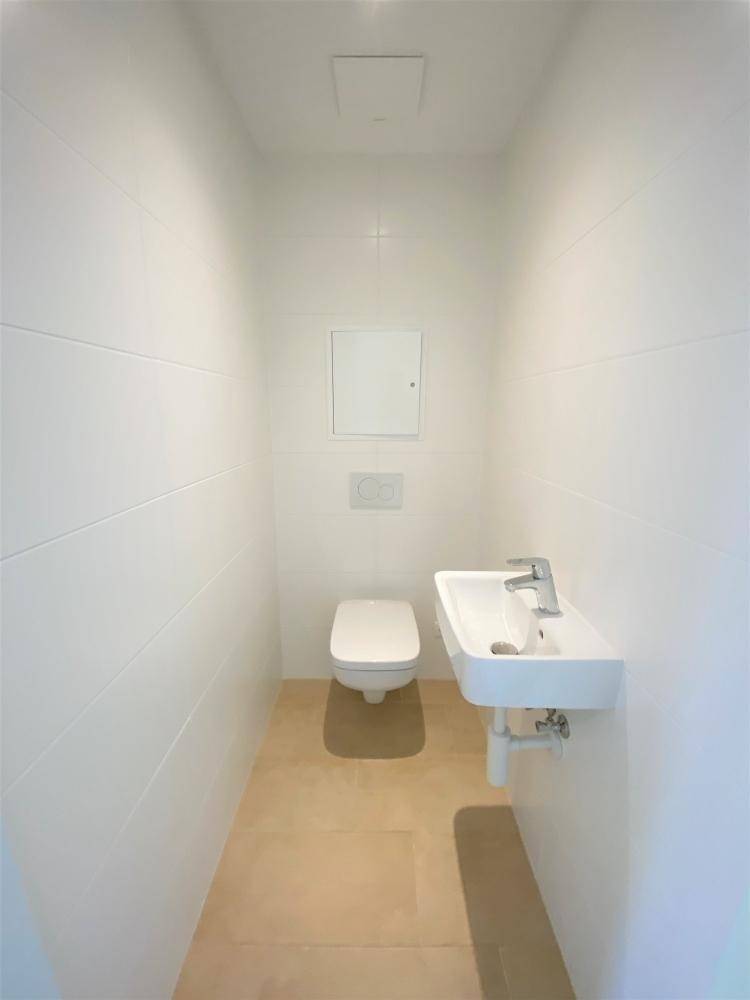 Separates Gäste-WC mit wandhängender Toilette und kleinem Waschbecken in hellem Design.