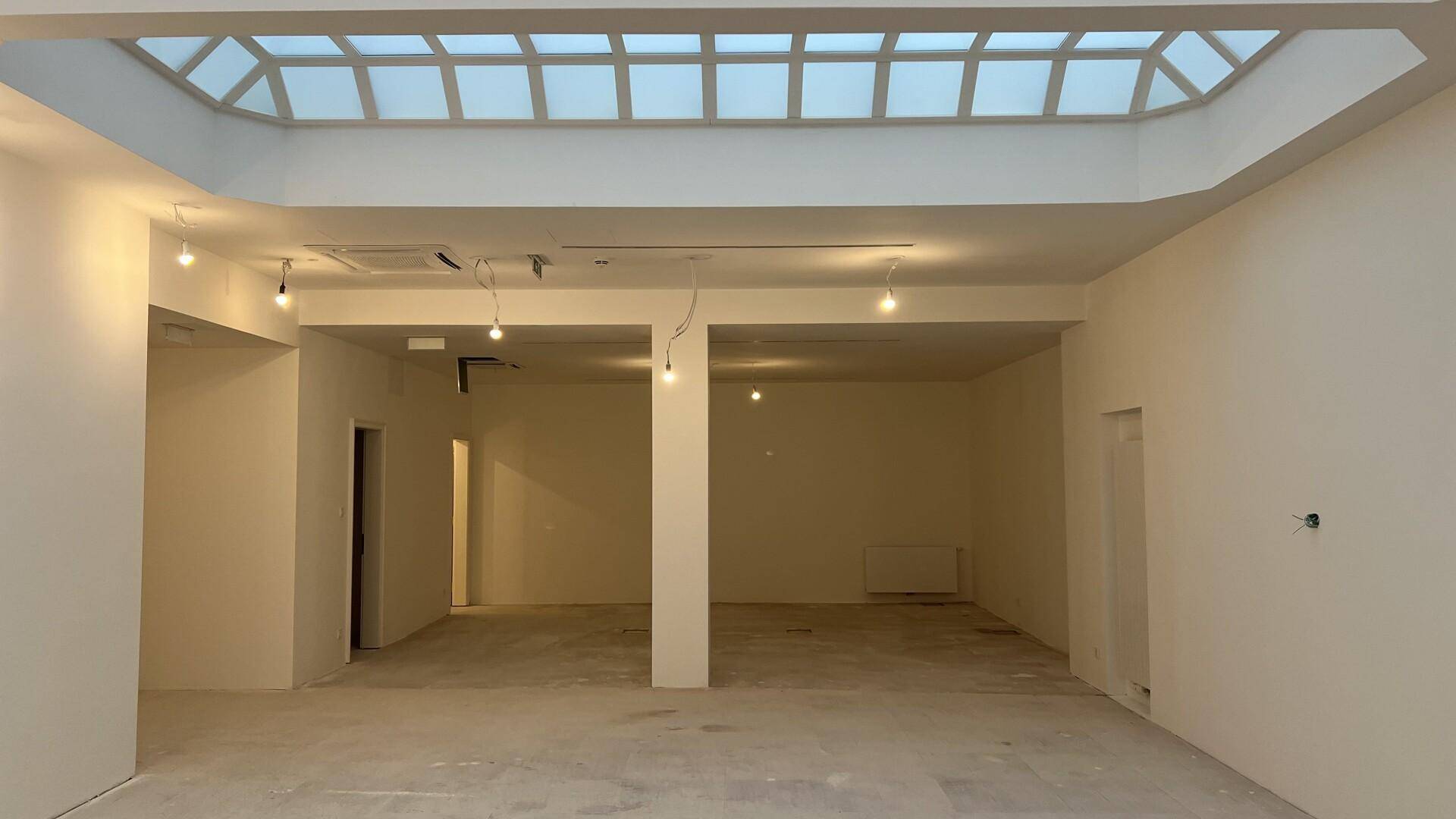 Großer, offener Raum mit Oberlicht und Säulen, ideal für flexible Büronutzung oder Ausstellungsflächen.