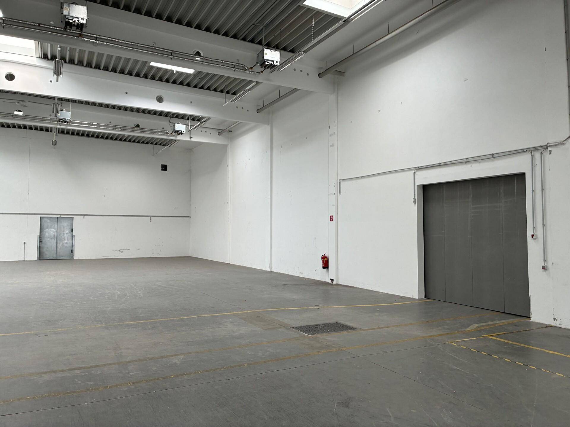 Geräumige, leere Lagerhalle mit hohen Decken, Betonboden und großen Rolltoren für den Zugang.