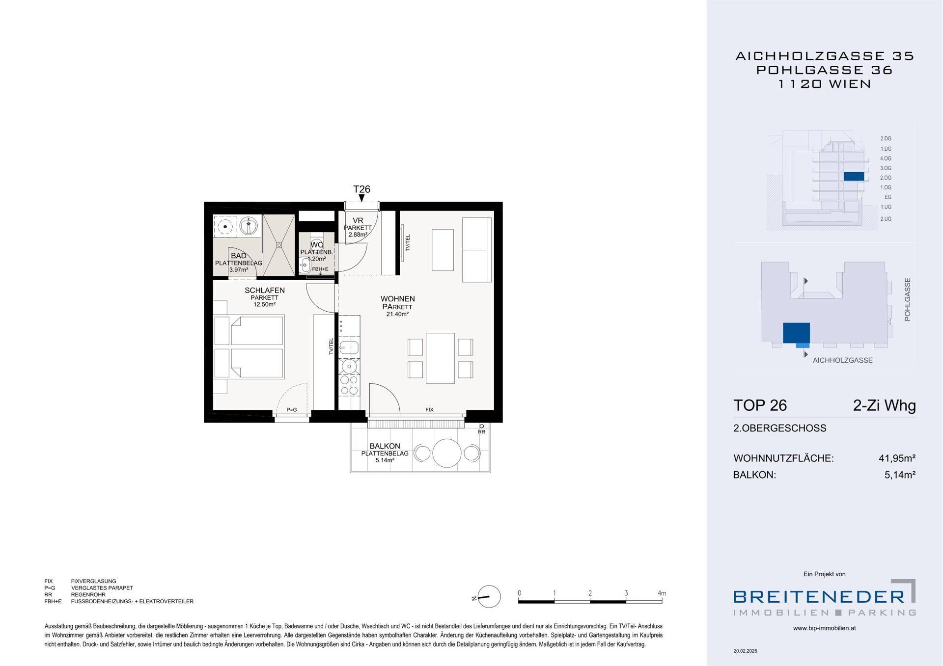 Grundriss einer 2-Zimmer-Wohnung mit Balkon, Schlafzimmer und offenem Wohnbereich.