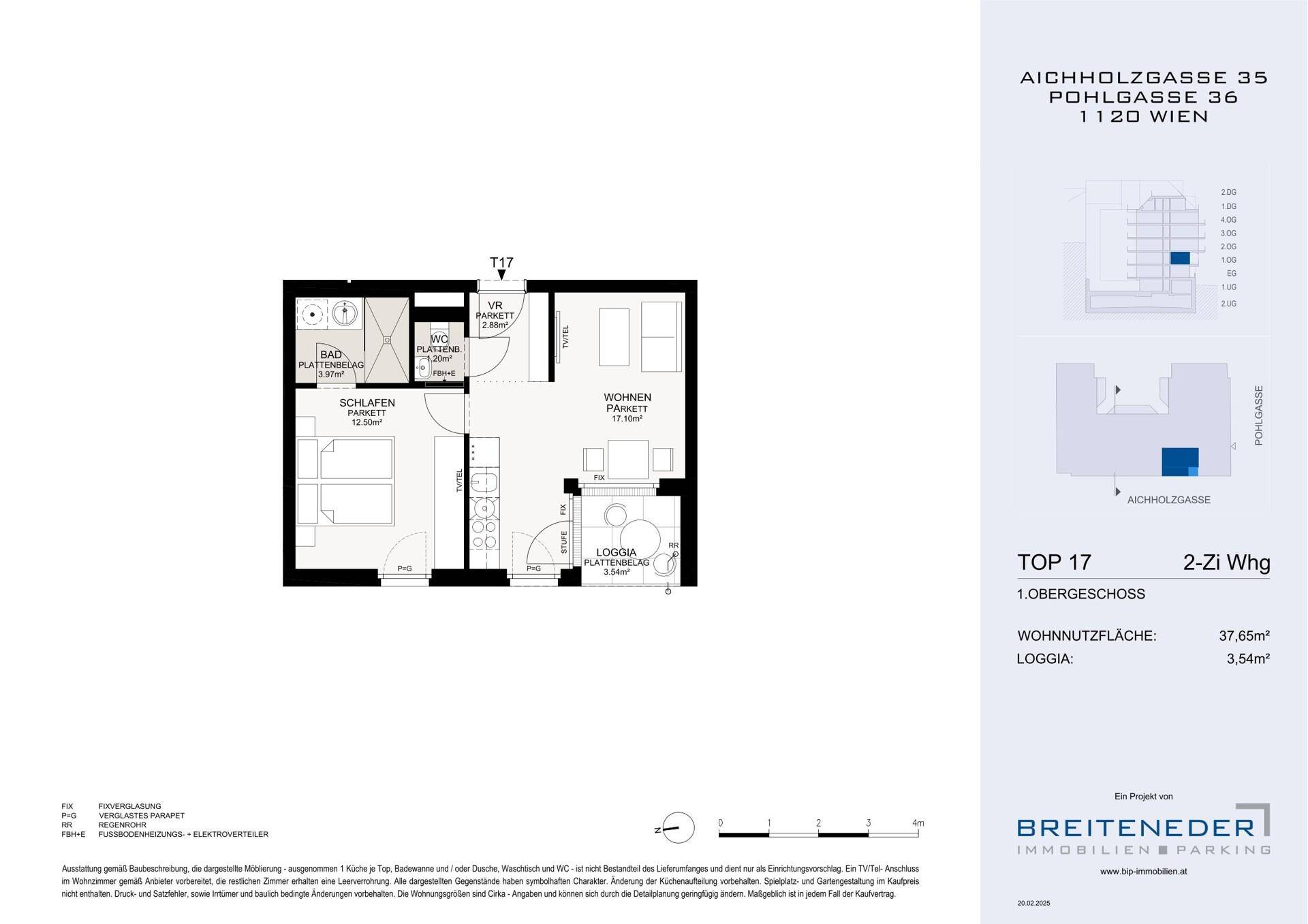 Grundriss einer 2-Zimmer-Wohnung mit Loggia, Schlafzimmer und offenem Wohnbereich.