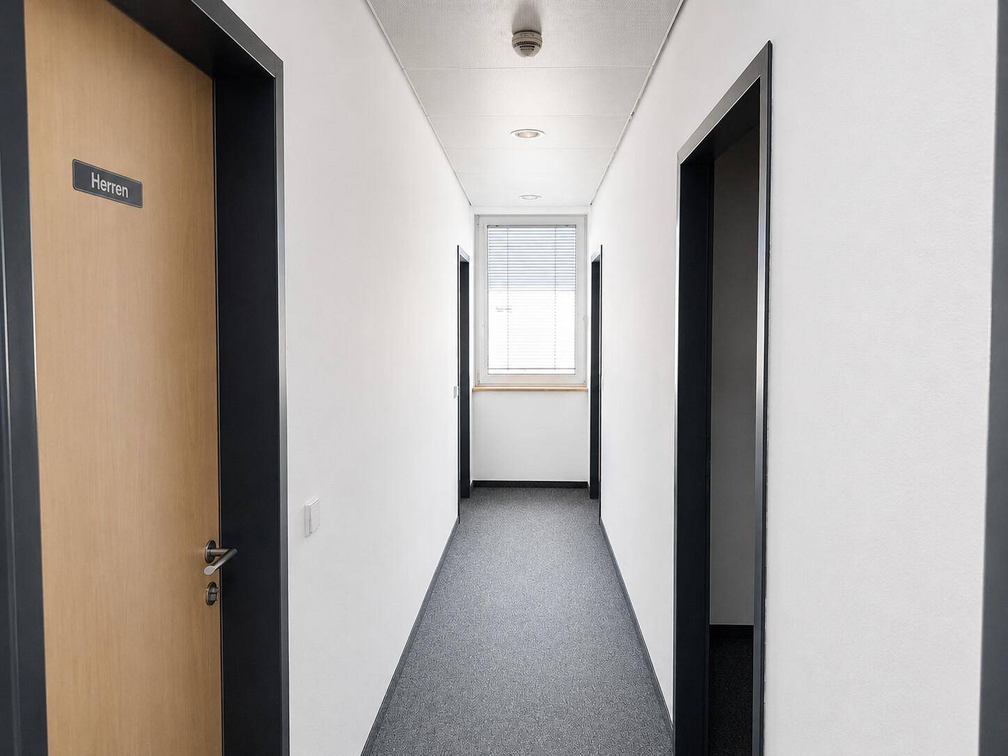 Heller Flur mit weiß gestrichenen Wänden, grauem Teppichboden und mehreren Türen, Fenster am Ende.