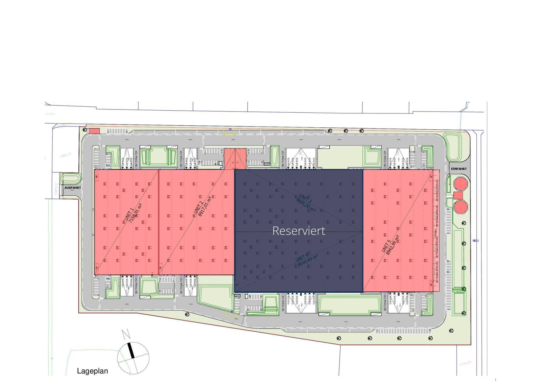 Lageplan der Industrieanlage mit Gebäudegrundrissen, Parkflächen und einem reservierten Bereich.