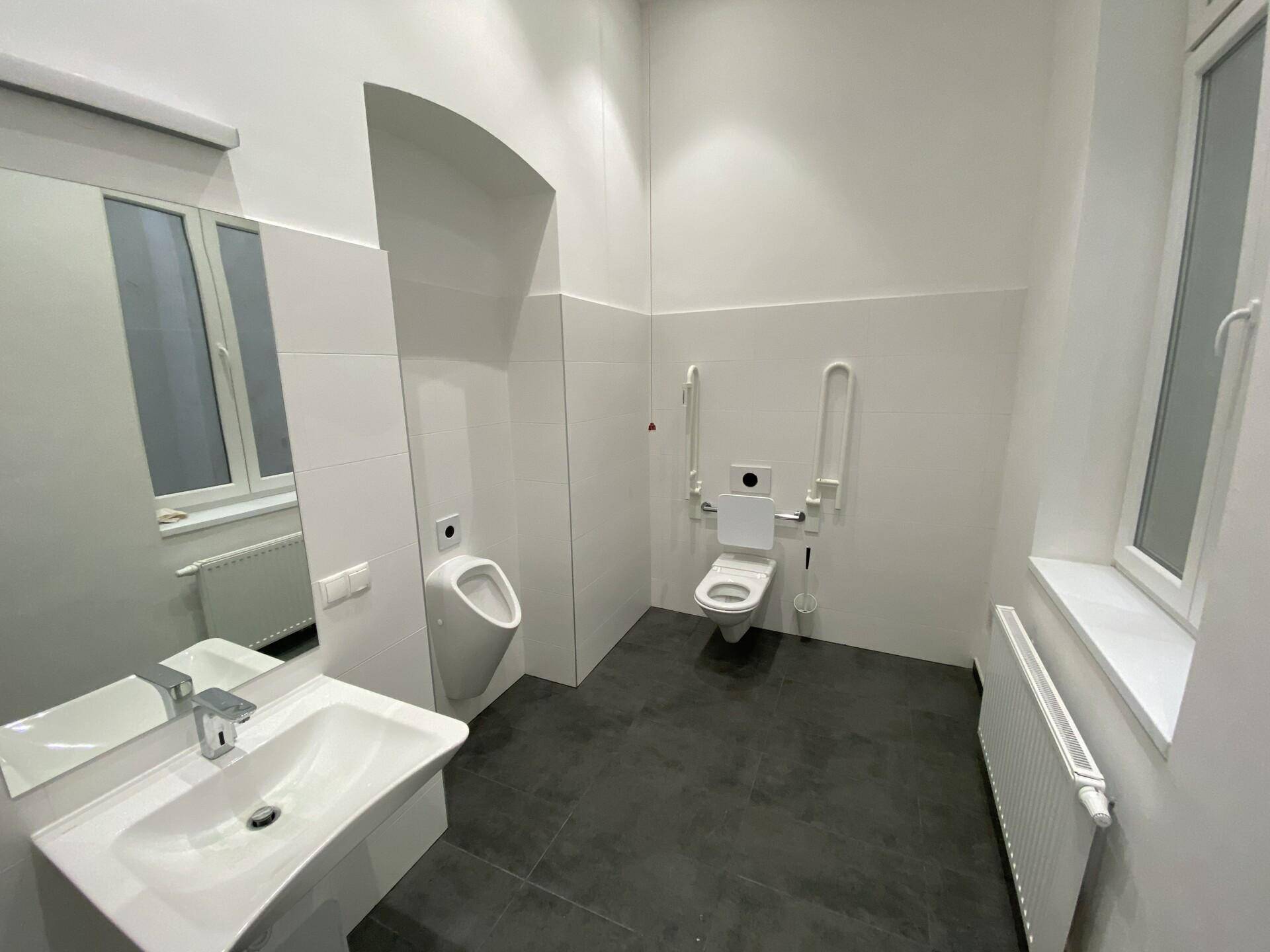 Modernes barrierefreies Badezimmer mit Urinal, Toilette, Waschbecken und Haltegriffen.