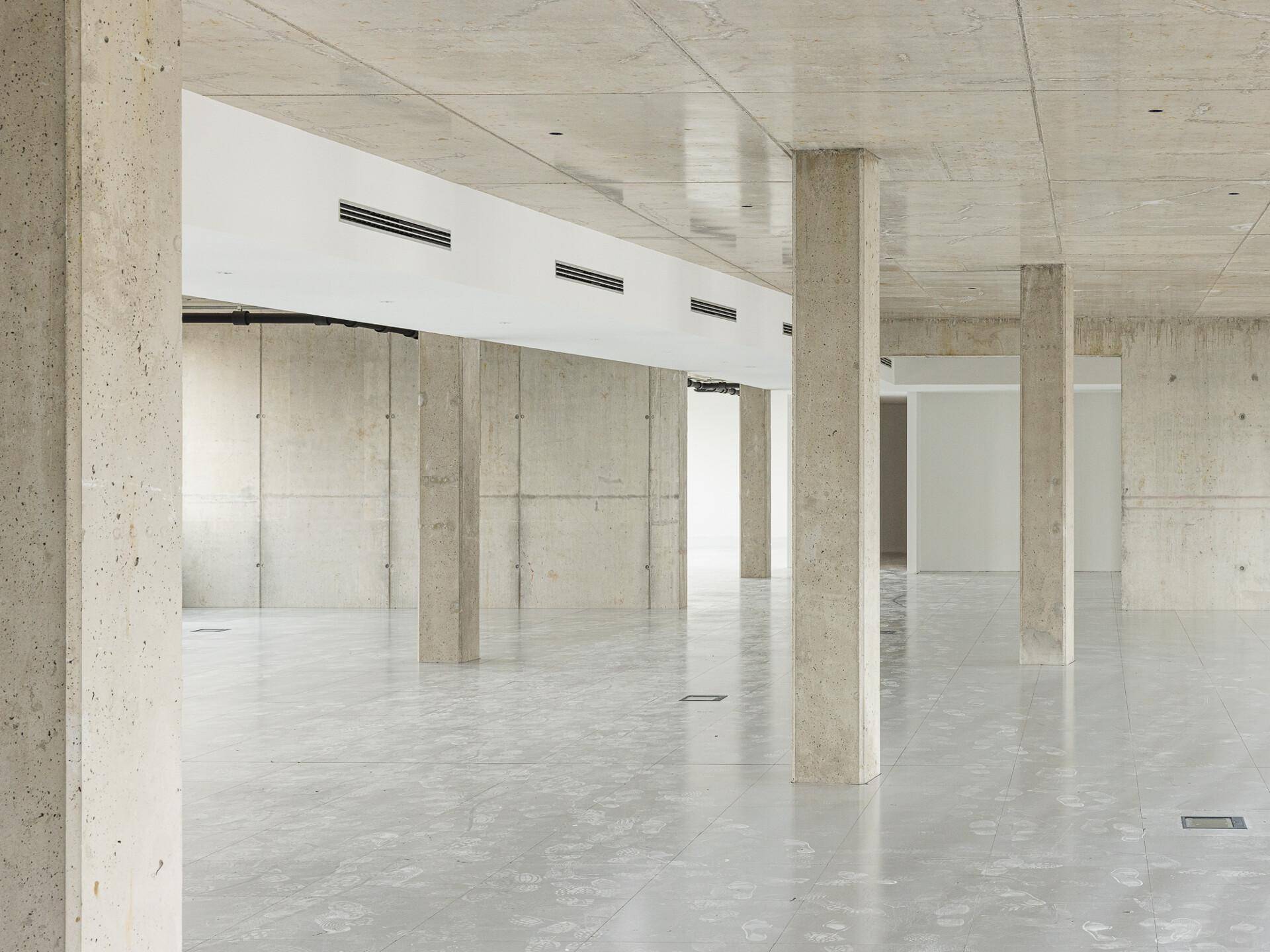 Großer, leerer Gewerberaum mit Betonstützen, Betondecke und hellem Fliesenboden.