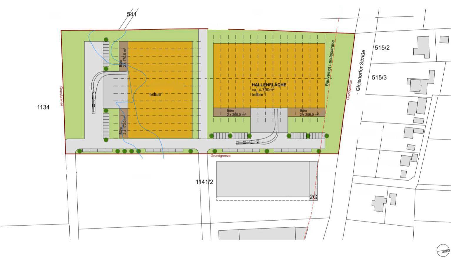 Lageplan mit zwei geplanten Hallenflächen, Parkplätzen und Zufahrtswegen für ein Gewerbegebiet.