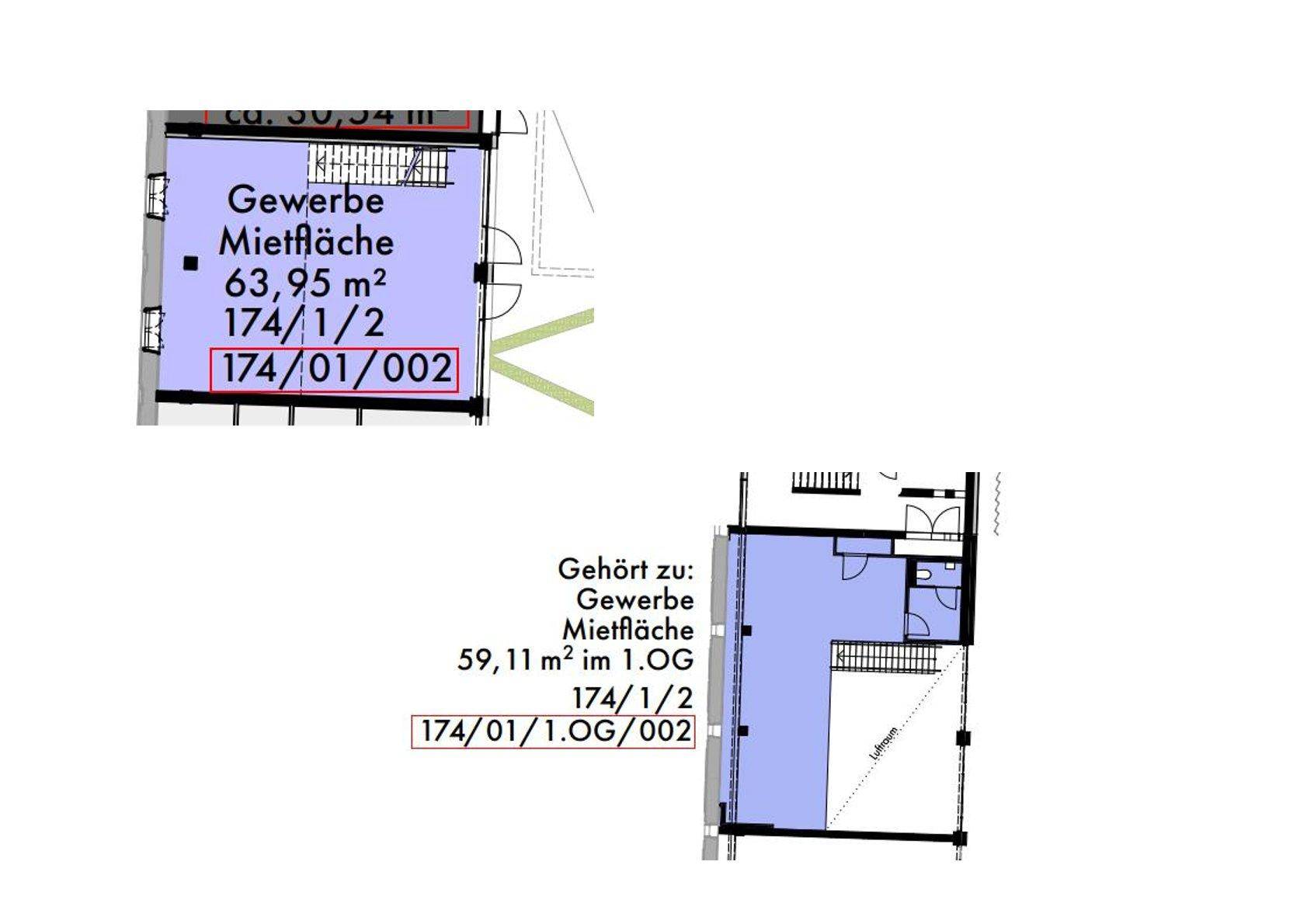 Grundrisspläne zeigen zwei separate Gewerbemietflächen mit unterschiedlichen Größen und Zugängen.
