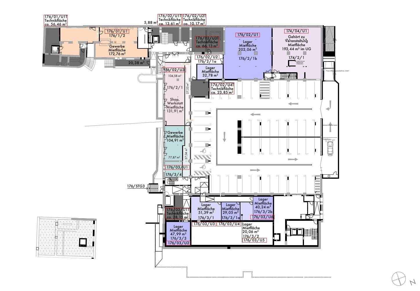 Detaillierter Grundriss mit Gewerbeflächen, Lagerbereichen, Technikräumen und Tiefgaragenstellplätzen.