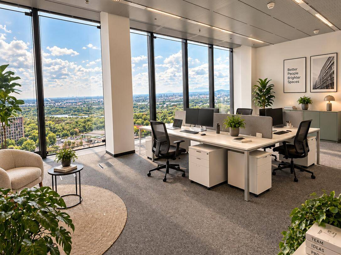Heller Großraumbüro mit mehreren Arbeitsplätzen, Pflanzen und einem weiten Blick auf die Stadt.