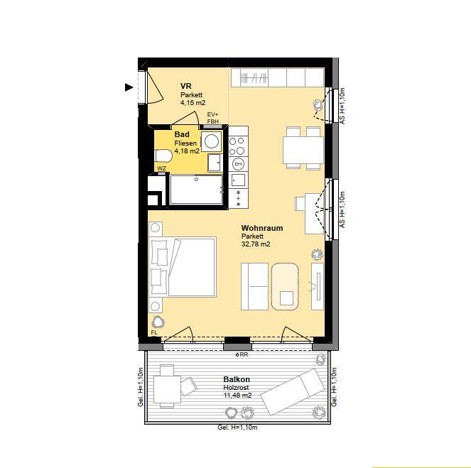 Detaillierter Grundriss einer Wohnung mit Wohnraum, Bad, Vorraum und großem Balkon.