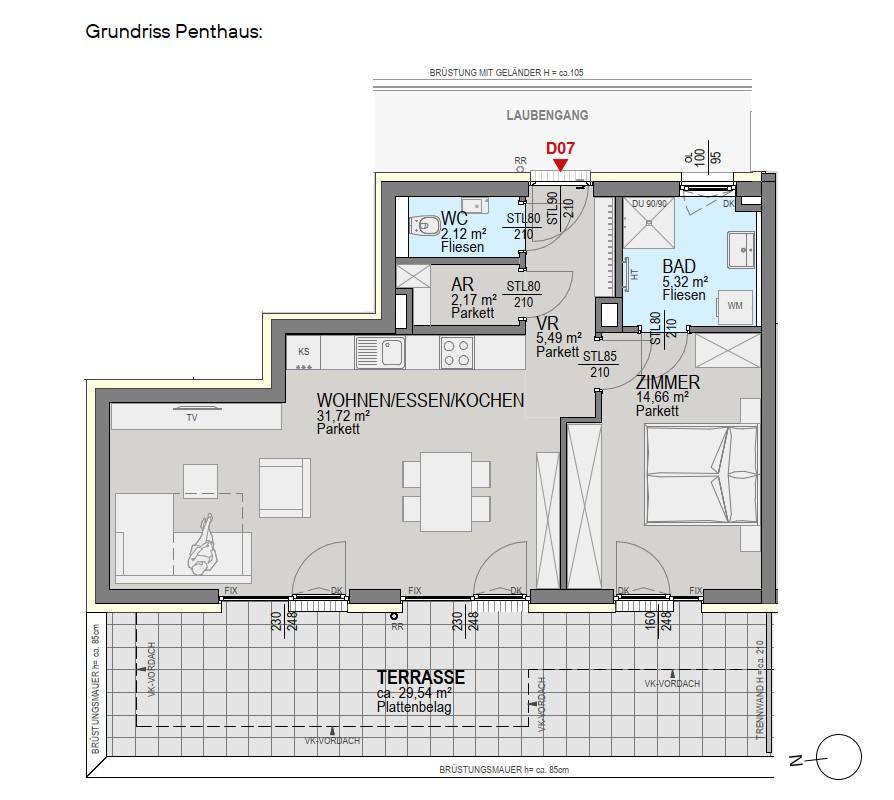 Grundriss eines Penthouses mit offenem Wohn-/Ess-/Kochbereich, Schlafzimmer, Bad, WC und großer Terrasse.