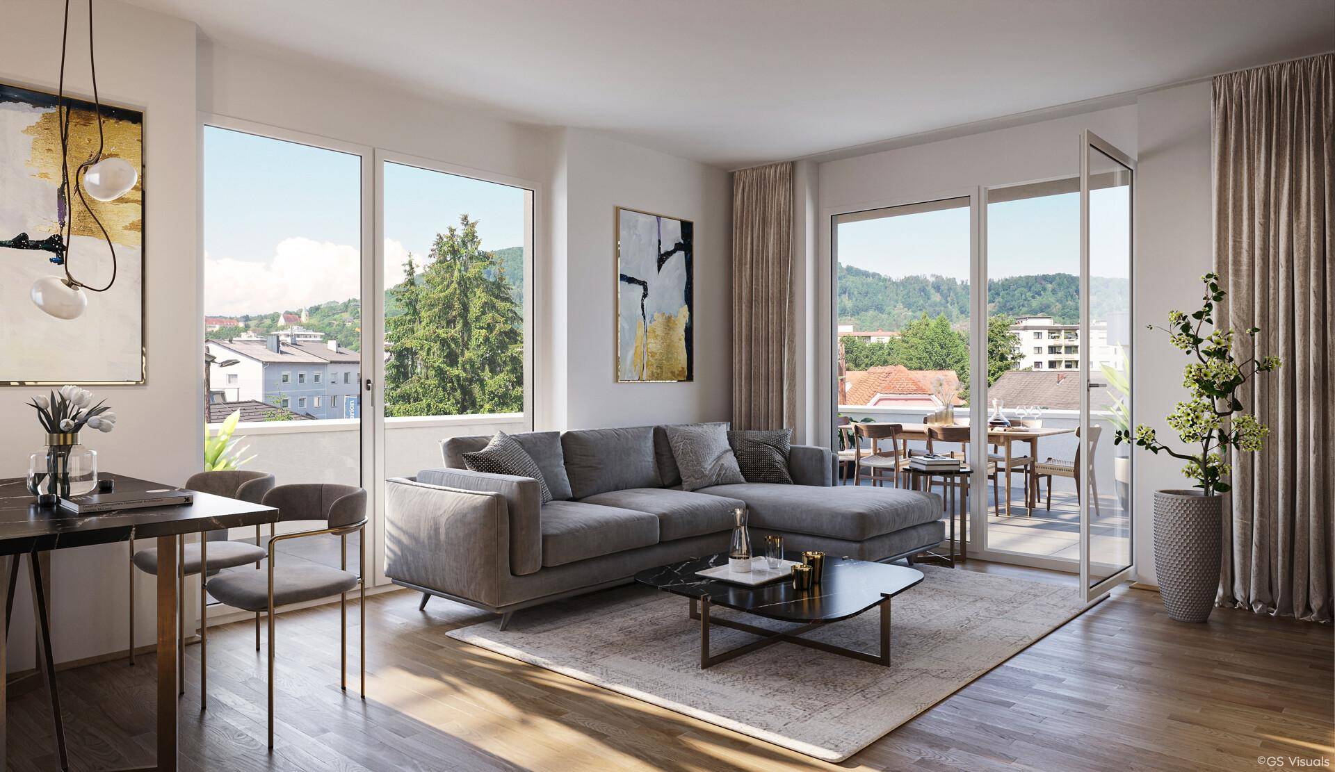 Helles, modernes Wohn-Esszimmer mit großzügigen Fenstern, Holzboden und Zugang zu einem Balkon mit Weitblick.