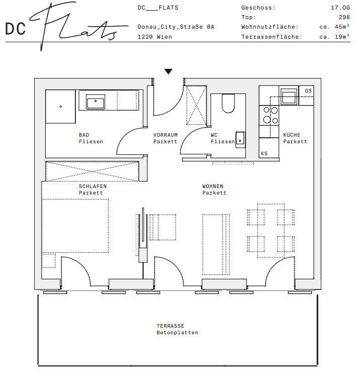 Grundriss einer Wohnung mit einem Schlafzimmer, Wohnbereich, Küche und Terrasse.