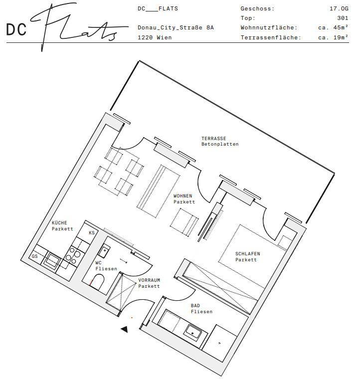 Grundriss einer Wohnung mit Wohnzimmer, Küche, Schlafzimmer, Bad und Terrasse.