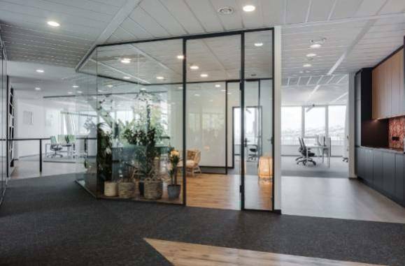 Modernes Büro mit Glaswänden, Teppich- und Holzboden, sowie Pflanzen, die eine angenehme Arbeitsatmosphäre schaffen.