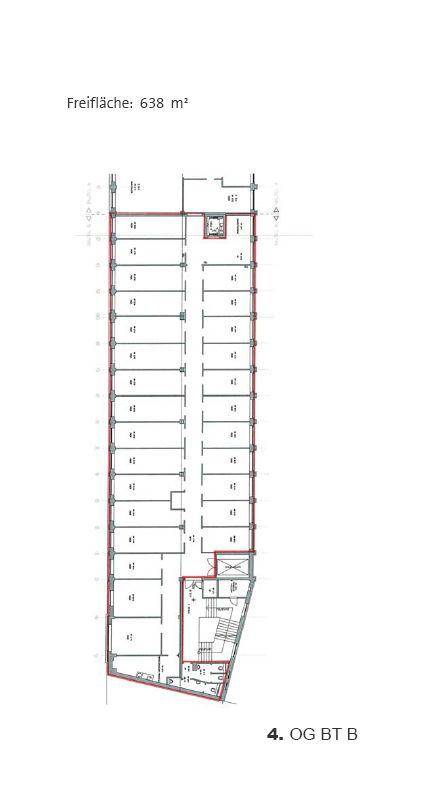 Grundrissplan des vierten Obergeschosses mit einer Freifläche von 638 Quadratmetern.