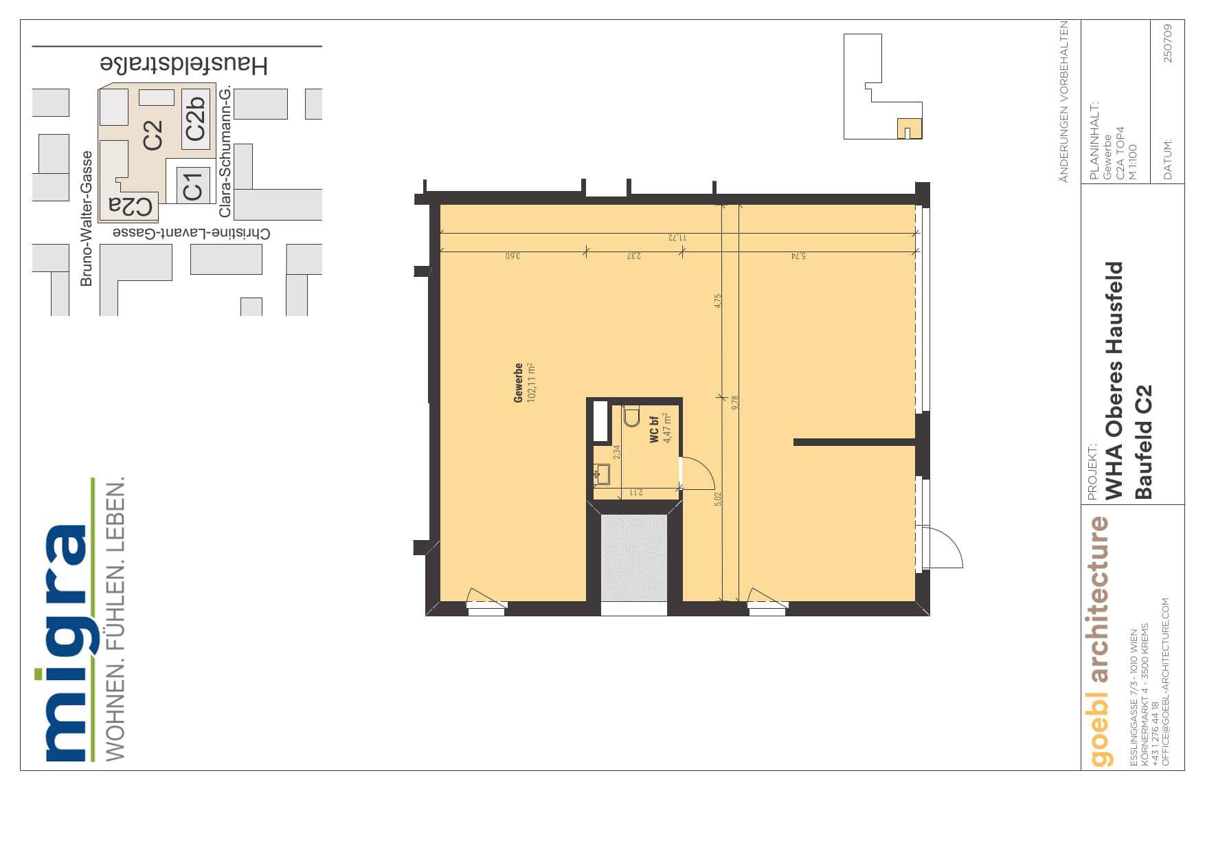 Grundriss eines Gewerbeobjekts mit WC und offenem Layout, inklusive Lageplan-Ausschnitt.