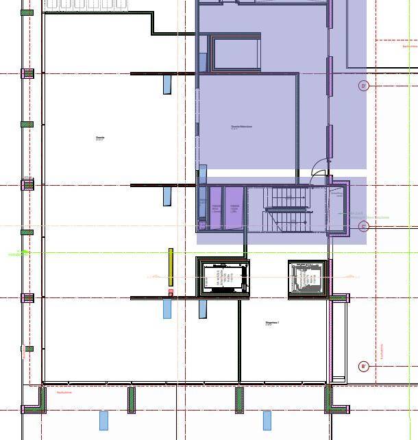 Technischer Grundriss eines Gebäudes mit Aufzug und Treppenhaus, der die interne Struktur darstellt.
