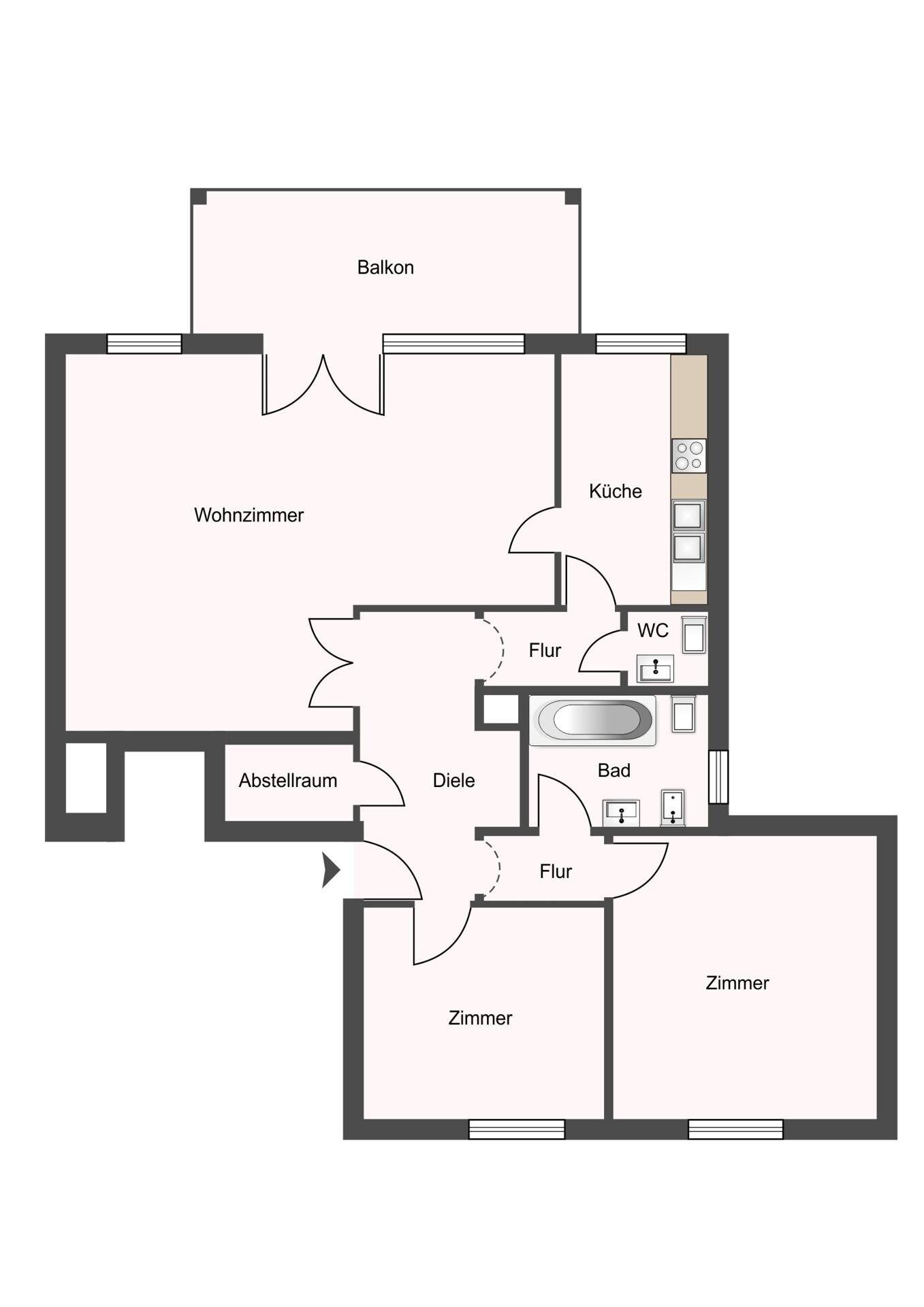 Grundriss einer Wohnung mit Wohnzimmer, Küche, Bad, WC, Abstellraum und zwei Zimmern.