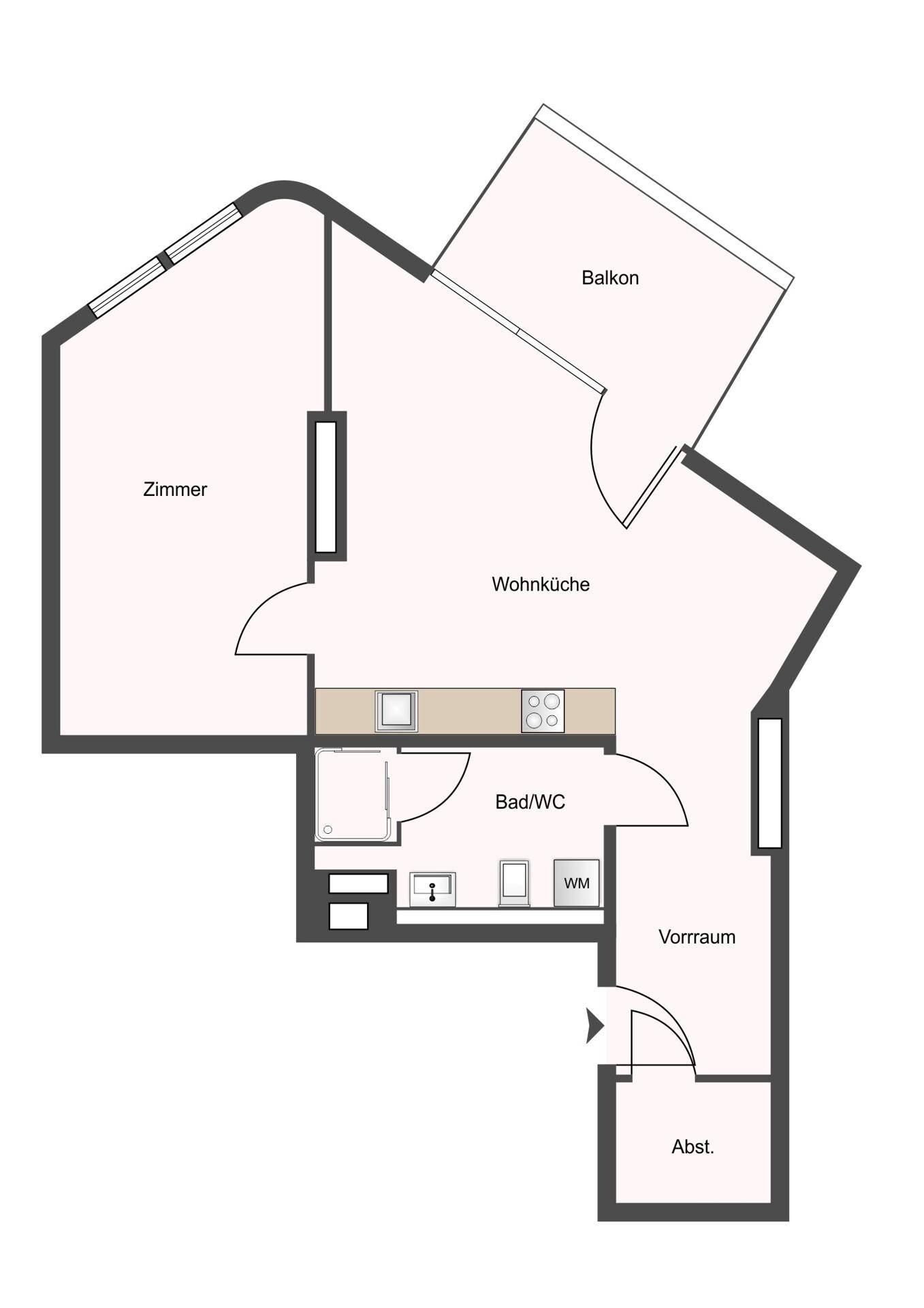 Grundriss einer Wohnung mit offener Wohnküche, Zimmer, Bad/WC und Balkon.