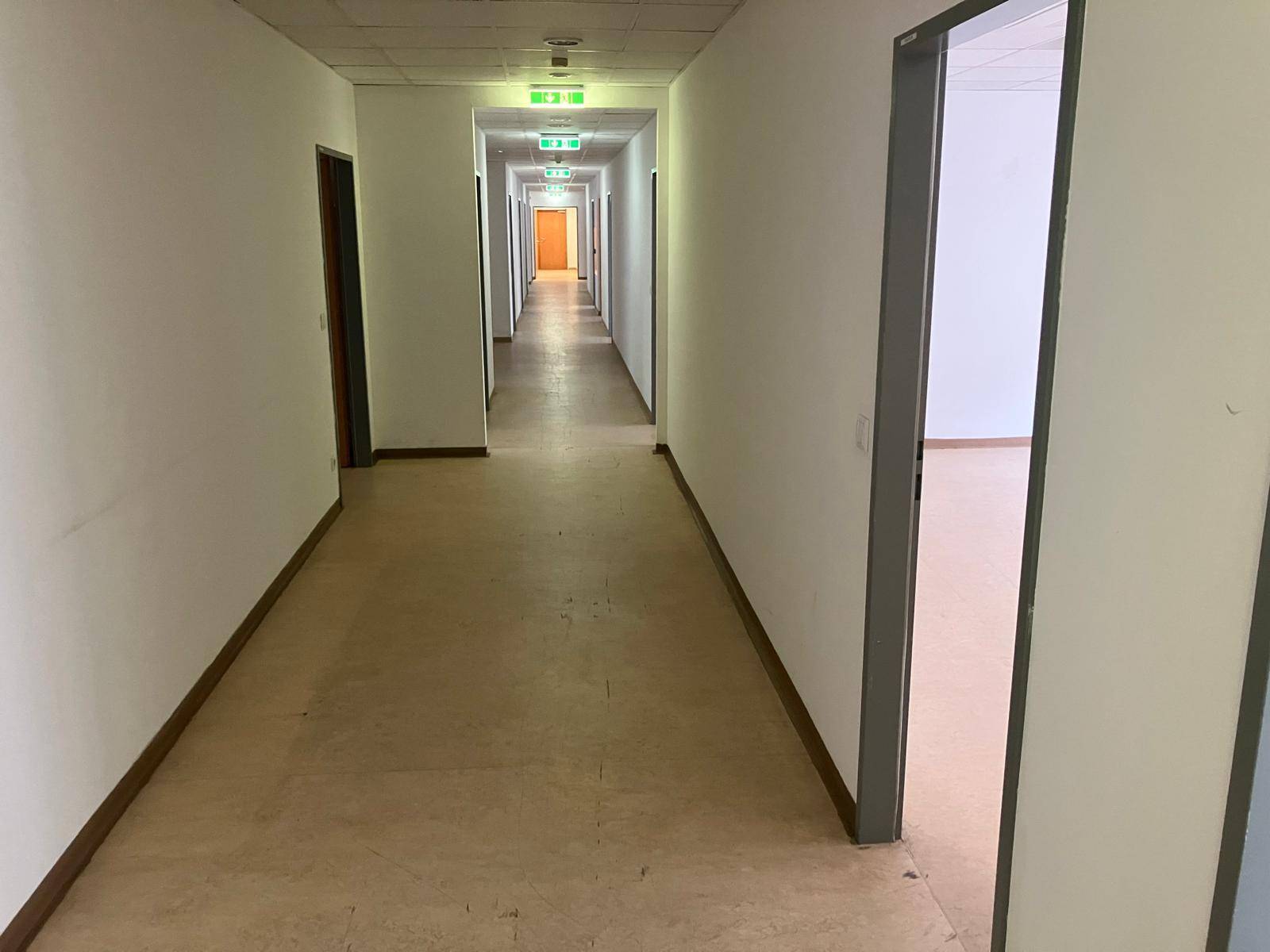 Langer Flur mit vielen Türen und Notausgangsschildern, der zu verschiedenen Büros führt.