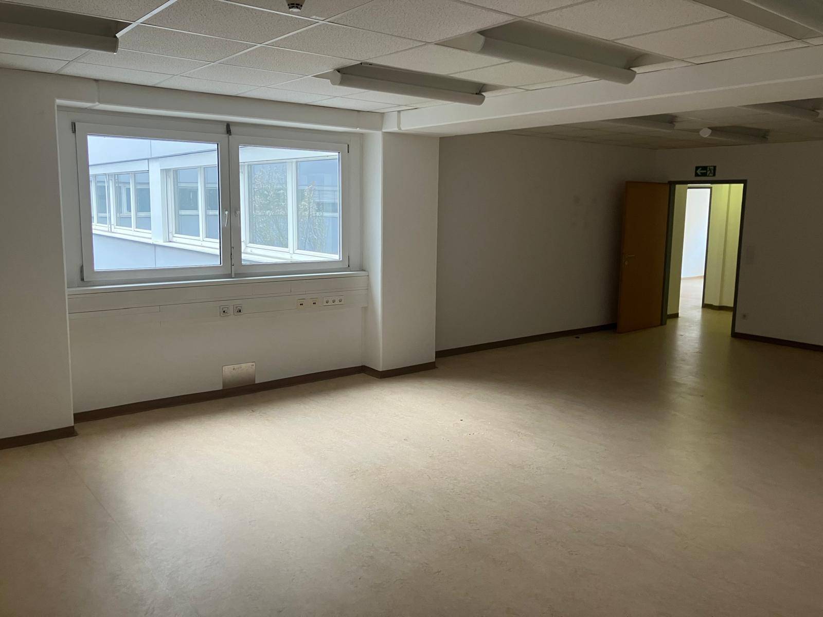 Großer, heller Büroraum mit einem Fenster und einer Tür, die zu einem weiteren Bereich führt.
