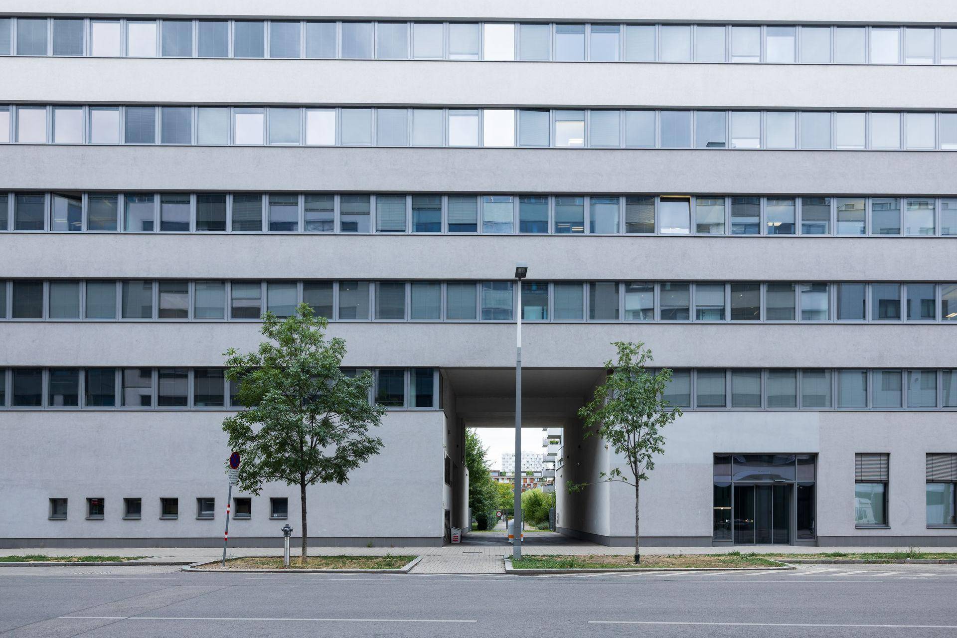 Moderne Gebäudefassade mit vielen Fenstern und einem Durchgang, umgeben von Bäumen und einer Straße.