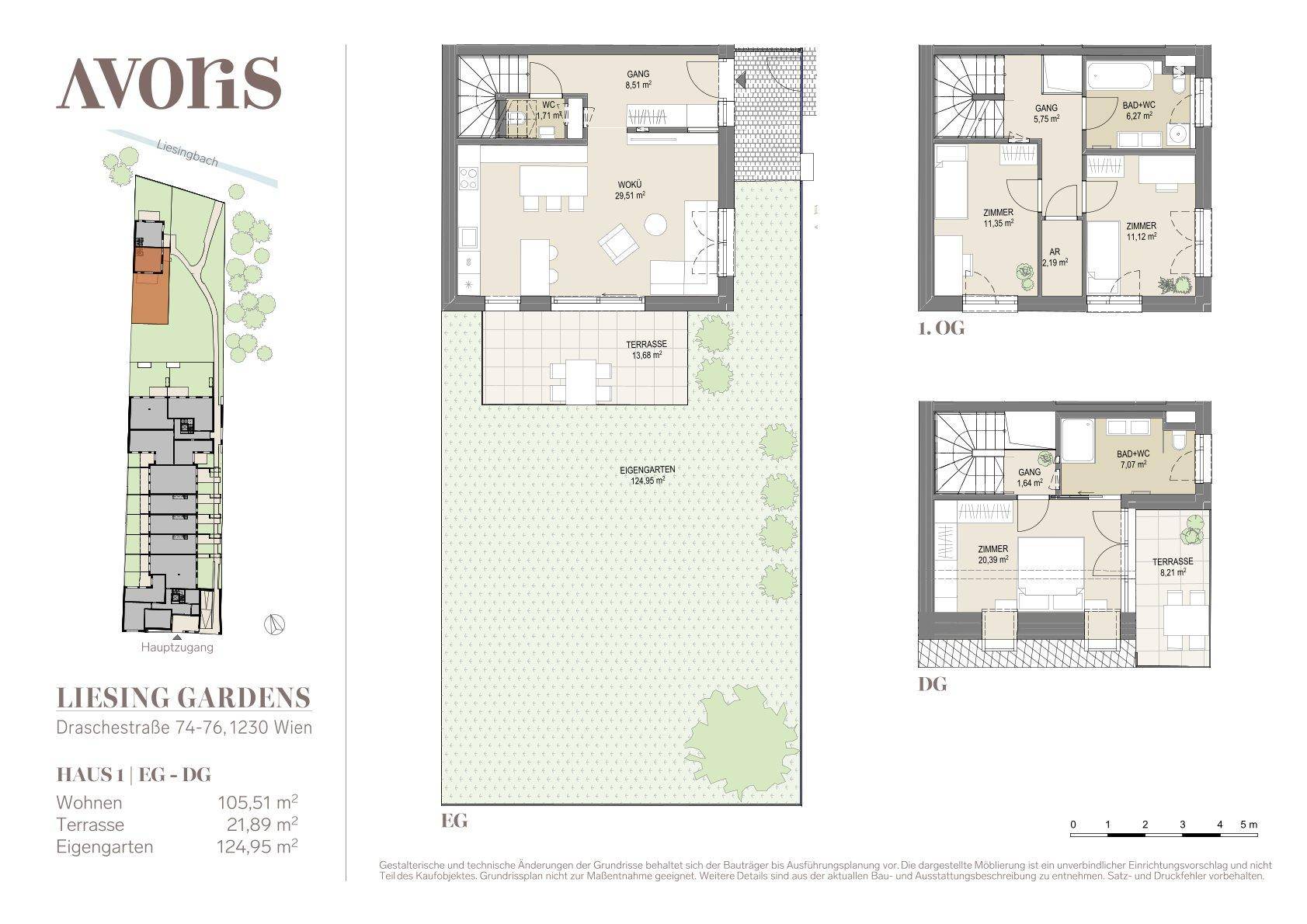 Detaillierter Grundriss eines Hauses über drei Ebenen mit Garten und Terrassen.