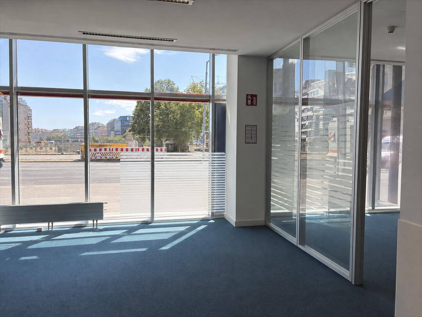 Heller Büroraum mit großen Fenstern, blauem Teppichboden und Blick auf die Straße.