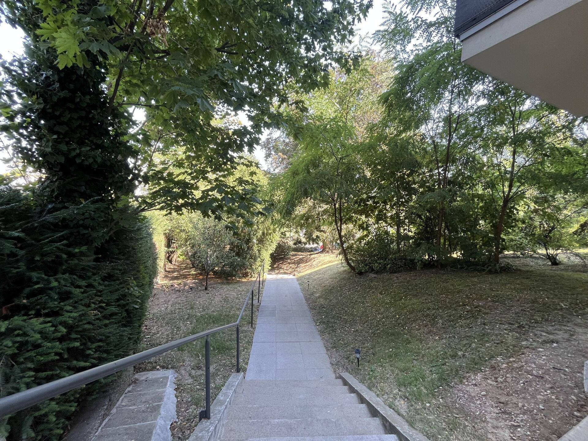 Steintreppe und Weg durch einen gepflegten Gartenbereich mit viel Grün und Bäumen.