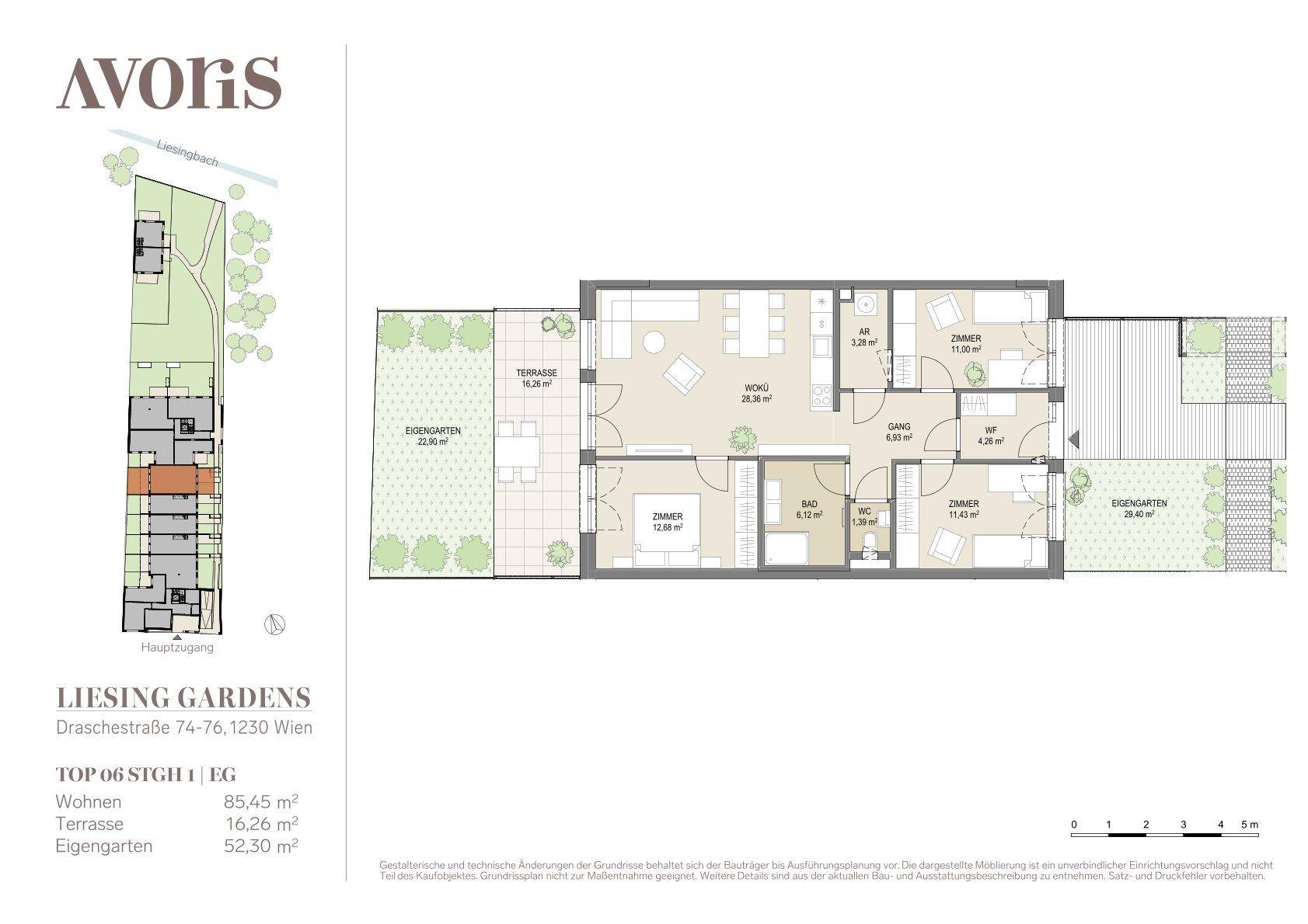Grundriss der Wohnung Top 06 im Erdgeschoss mit Terrasse und Eigengarten, gut durchdachte Raumaufteilung.