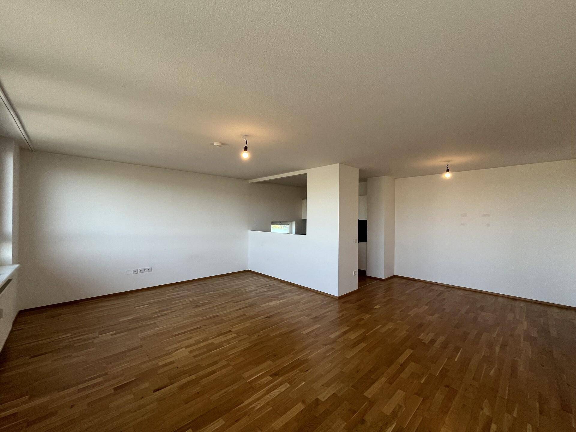 Geräumiger Wohnbereich mit Parkettboden und angrenzendem, halboffenem Küchenbereich.