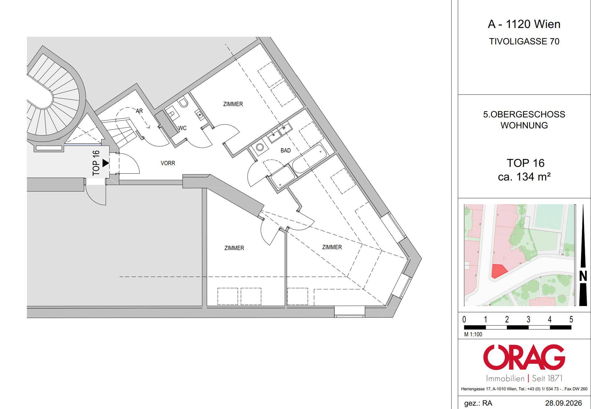 Grundriss der Wohnung Top 16 im 5. Obergeschoss mit drei Zimmern, Bad, separatem WC und Vorraum.